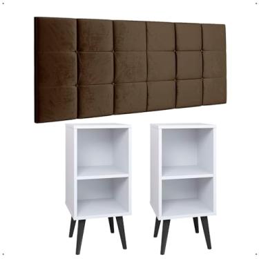 Imagem de Jogo 2 Mesas Cabeceira Nicho Organizadora Painel Suspenso Estofado Cama Box Queen 1,60 Quarto Casal - Lojas RPM (Branco|Marrom Suede)