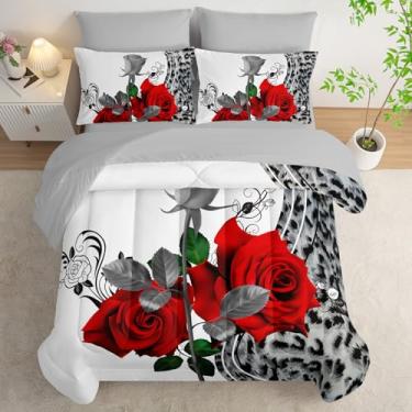 Imagem de AILONEN Jogo de edredom casal com estampa de leopardo, rosa vermelha e animal, 7 peças, lençol com elástico, lençol de cima e 2 fronhas, microfibra macia