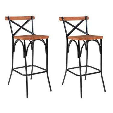 Imagem de Kit 2 Banquetas Laís Industrial em Aço e Madeira Maciça Artluxo, Preto