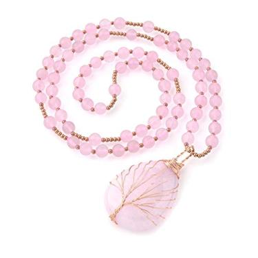 Imagem de Jovivi Colar de cristais de cura de quartzo de ametista natural envolto em lágrima árvore da vida pingente de pedra preciosa chacra 71 cm corrente de contas Mala, 2.08" x 1.22", Pedra, Sem Pedra