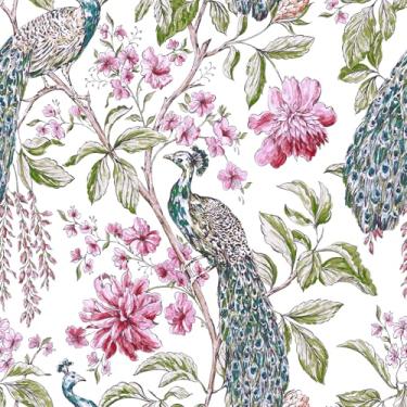 Imagem de VaryStyle Papel de parede floral pavão de 45 cm x 299 cm vintage flores galhos de árvore papel de parede de contato floral rosa/verde para armários mural de parede papel de parede de vinil removível