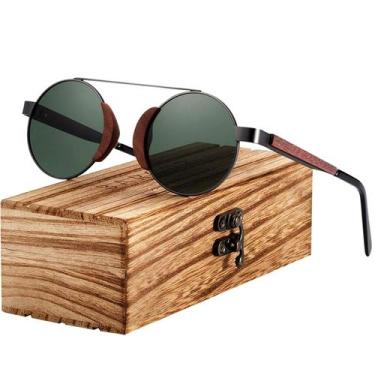 Imagem de Óculos de Sol Unissex Redondo Design Madeira Moda Verão Lentes Polariz