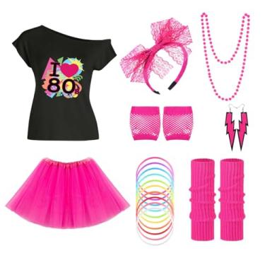 Imagem de DaLingLam Conjunto de acessórios de fantasia feminina dos anos 80, roupas de fantasia de Halloween, camiseta, leggings, saia tutu, polainas para cabeça (pequena)