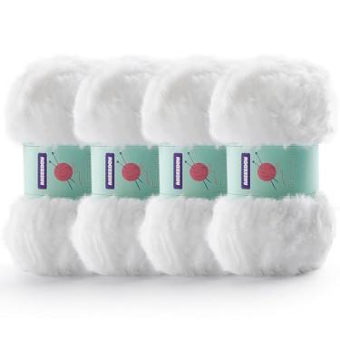 Imagem de 4 novelos de fio de pele sintética macio e volumoso para crochê - fio peludo de cílios para cobertores de tricô, cachecóis e suéteres, 99 g/75 jardas por rolo (branco puro)