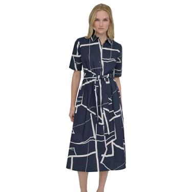 Imagem de DKNY Vestido feminino de manga curta com gola popelina de algodão, Azul-marinho/creme, 46