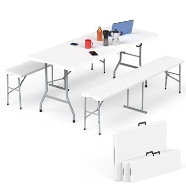 Imagem de HLPB Conjunto De Mesa Dobrável Para Piquenique, Acampamento 6 Pés Com 2 Bancos, Móvel Portátil Áreas Internas E Externas Reuniões Trabalho, Camping, Casamentos Alça Travas Segurança, Branco