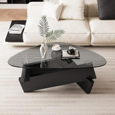Imagem de Mesa de centro preta para sala de estar, 90 cm x 70 cm x 40 cm, mesa central de triângulo de vidro moderna com tampo de vidro temperado, mesa de chá de madeira maciça legal para espaços pequenos e