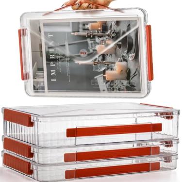 Imagem de Mezchi Conjunto de 3 caixas de armazenamento de papel portáteis, caixa de armazenamento de arquivos de plástico transparente de 23 x 33 cm com tampas, caixa de documentos empilhável para organizar