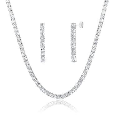 Imagem de MDFUN Conjunto de joias de tênis, conjunto de brincos e colar de tênis, banhado a ouro branco 18K, corrente de tênis de diamante sintético com corte de zircônia cúbica redonda de 3/4/5 mm para