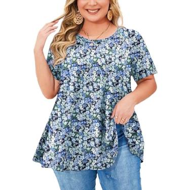 Imagem de splensive Blusa feminina plus size, de manga curta, rodada, rodada, folgada, de verão, casual, para usar com leggings, Túnica floral azul e branca, 3G