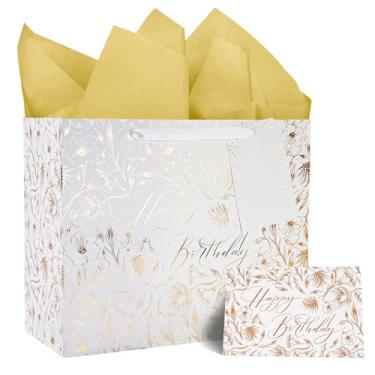 Imagem de LaRibbons Saco grande de presente de aniversário de 33 cm com cartão e papel de seda - L3