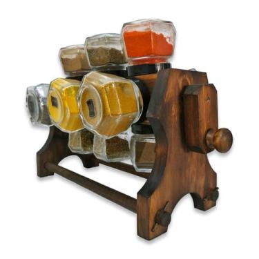 Imagem de Kit Porta Temperos de Madeira Manivela Gira 12 Potes - Artesanatos FD2