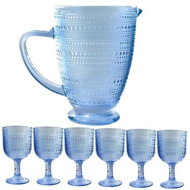 Imagem de Jogo de Taças com Jarra de Vidro Pérola Azul para Àgua ou Suco 7 Peças