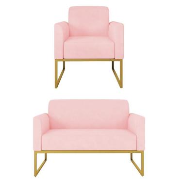 Imagem de Kit Namoradeira E 1 Poltrona Decorativa Base Industrial Dourada Maressa S19 Suede Rosa Bebê - Ibiza