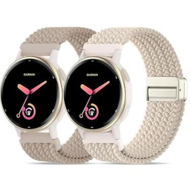 Imagem de Oanux Pacote com 2 pulseiras magnéticas trançadas compatíveis com Garmin Vivoactive 5/Vivoactive 6/3/3 Music, pulseira esportiva macia de nylon elástico de 20 mm para Venu Sq 2 e Forerunner 55/165/245