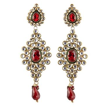Imagem de Brincos de joia femininos em tom dourado Touchstone indiano bollywood Kundan look vermelho designer