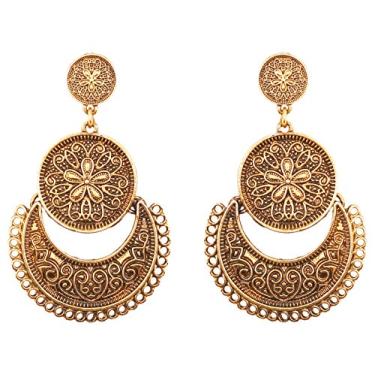 Imagem de Touchstone "Tribal Bohemian Chic" indiano Bollywood belas franjas e tema floral étnico sul indiano Chandbali lua designer de noiva lua brincos lustre para mulheres Dourado