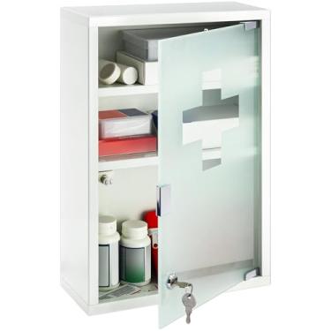 Imagem de Timgle Armário de parede de primeiros socorros com trava de medicamentos montado na parede armário médico suspenso com porta de vidro de segurança para banheiro (3 prateleiras, branco)