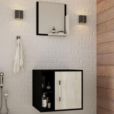 Imagem de Armário de Banheiro Olivia 1 Porta 2 Prateleiras com Espelho Preto Onix/Snow - Pnr Móveis