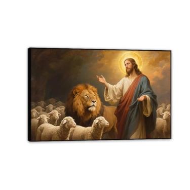 Imagem de Arte de parede em tela de Jesus e Cordeiro Impressão de Leão de Judá Cristão Cordeiro de Deus Decoração de Casa Arte de Parede Cristã Inspiradora para Escritório 90 x 60 cm (36 x 24 pol.) Moldura