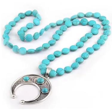 Imagem de ZYIBPMSJKQCFK Colar feminino boêmio com pingente de pedras azuis planas com pingente de lua, 85cm, Pedra, Obsidiana