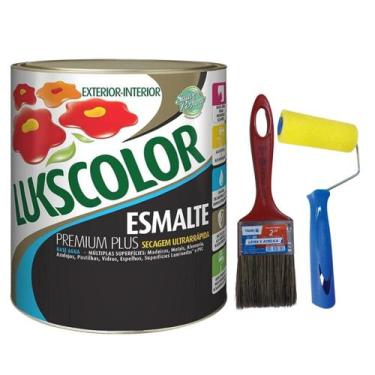 Imagem de Kit Tinta Base Água Bri Preto 900ml Lukscolor + Pincel + Rolinho 9cm