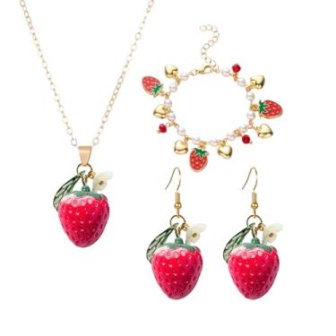 Imagem de coadipress Conjunto de joias de morango, brincos de morango, colar e pulseira para mulheres, fofo, realista, comida, fruta, berloque, joias, presentes de aniversário, Middle, Metal, Sem Pedra Preciosa