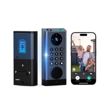 Imagem de Anweller Fechadura Inteligente Com Câmera, Campainha Vídeo E Trava Wi-Fi, Entrada Eletrônica Biométrica Sem Chave Por Impressão Digital, Teclado Código Frontal Para Portas Externas, Bateria De 10.00