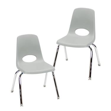Imagem de Cadeira escolar empilhável de 35,5 cm, assento de estudante empilhável com pernas de aço cromado e deslizadores giratórios; para sala de aula, escola em casa ou espaço de aprendizagem - cinza