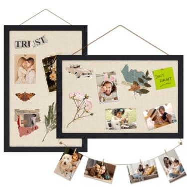 Imagem de Egofine Quadro de avisos de cortiça com linho, quadro de madeira de 40,6 x 38,5 cm, decoração de parede, 2 pacotes de placas de cortiça para paredes, pendurar horizontal ou verticalmente para