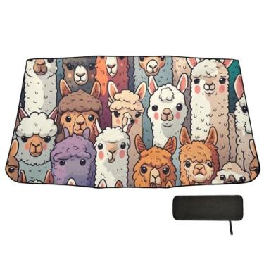 Imagem de Guarda-sol para para-brisa de carro, pára-brisa de alpaca lhama retrato de rosto de animal família grande multidão viseira refletiva, dobrável, protege o interior e mantém fresco, adequado para a