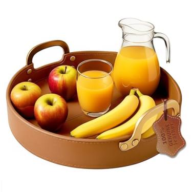 Imagem de HOME ARCHIVE Bandeja de couro redonda costurada com alça de latão, ideal para servir café, bebidas, bandeja otomana para escritório, casa, cozinha, balcão de lanches, armazenamento de mesa central