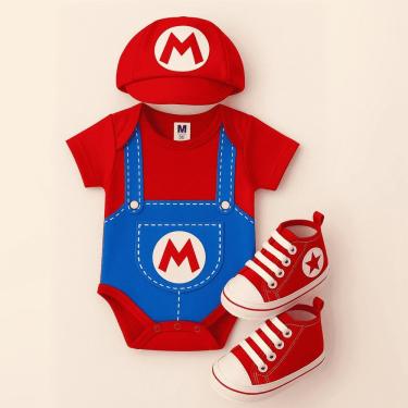 Imagem de Conjunto Body Mario+Boina+ Tenis Baby – Fantasia Infantil para Ensaios e Presente