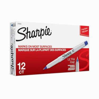 Imagem de SHARPIE 37003 Marcador permanente ultrafino, marcas em papel e plástico, resistente ao desbotamento e à água, certificado AP, cor azul, pacote com 12