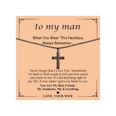 Imagem de Colar masculino To My Man, pingente de cruz de madeira, preto, aço inoxidável, cristão, presentes de aniversário inspiradores para marido e namorado, Zinco, Sem Pedra Preciosa