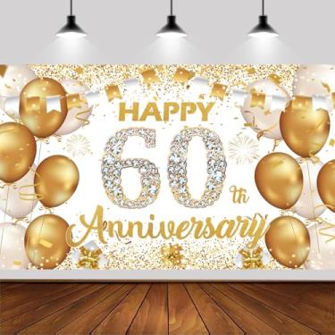 Imagem de 1,8 x 1,1 m Pano de fundo de feliz aniversário de 60 anos, faixa branca e dourada, decoração de festa de aniversário de casamento, suprimentos para decoração de cabine de fotos