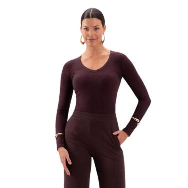 Imagem de Blusa Lunender Manga Longa Canelada Decote V Marrom Tam. M-Feminino