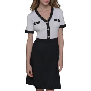 Imagem de KARL LAGERFELD Vestido suéter feminino com gola V e manga curta, Branco macio/preto, M