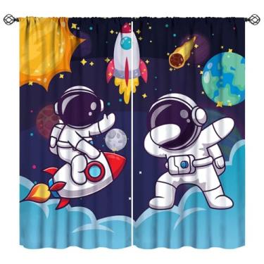 Imagem de Nitmbi Cortinas espaciais infantis, desenho animado universo galáxia espaço planeta astronauta padrão cortinas janela 2 painéis varão bolso cortina para meninas meninos quarto de bebê decoração de