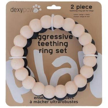 Imagem de Dexypaws: Anéis super mastigáveis - bege e preto - 2 peças de brinquedos para dentição de cães, mastigadores agressivos, buscar e puxar, círculos texturizados, borracha durável, brincar com animais de