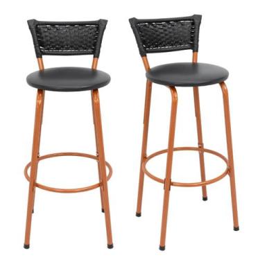 Imagem de Kit 2 Cadeiras Alta Exclusiva Cobre Em Junco Preto Balcão Ilha Cozinha