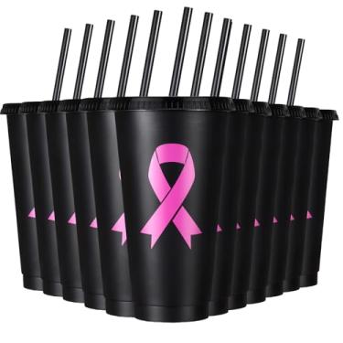 Imagem de Potchen 12 peças de copos de plástico de conscientização do câncer de mama 680 g copo de fita preta reutilizável com tampa e canudo copo de suco reutilizável para festa, evento, câncer de mama,