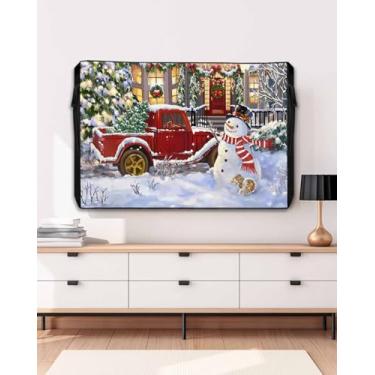 Imagem de Capa de TV externa com boneco de neve de caminhão de Natal para televisões de tela plana externa, luzes de vila de neve de inverno, protetor de tela de TV à prova de intempéries com zíper para telas