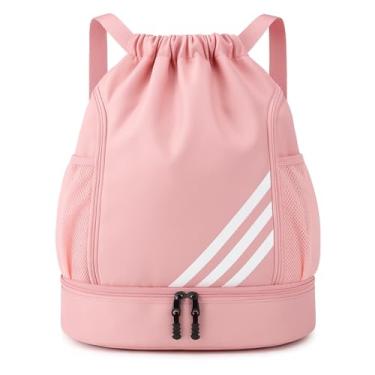 Imagem de Mochila Esportiva com Cordão Espaçosa Bolsa 4 Bolsos Ideal para Esportes Chuteira Bolas Academia Material Impermeável Separação Roupas Secas e Molhadas Unissex (Rosa)