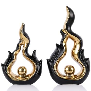 Imagem de Conjunto de 2 estátuas decorativas de chama de cerâmica, decoração de casa preta e dourada, escultura de arte abstrata para escritório, sala de estar, mesa de centro, armário de TV, decoração de
