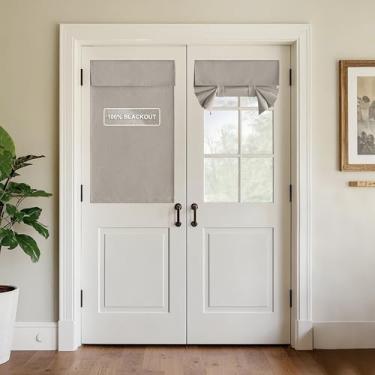 Imagem de StangH Cortina de porta francesa 100% blackout de linho, cobertura de janela pequena portátil com isolamento térmico de privacidade, persiana de amarrar para quarto, casa, escritório, bege acinzentado