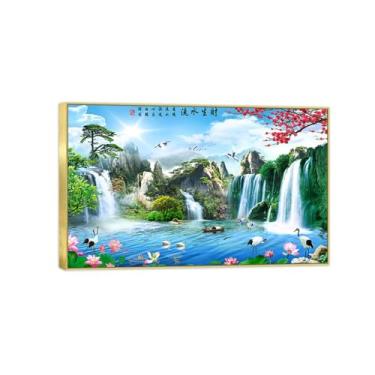 Imagem de BMZFYBS Pintura de impressão em tela de paisagem - pássaros de lótus do lago da montanha - imagem chinoiserie da natureza - pôster decorativo com moldura dourada 80 x 130 cm 31 x 51 pol