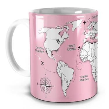 Imagem de Caneca Viajante Estampa Rosa Mapa Mundi - Viagem Pelo Mundo Para Pintar