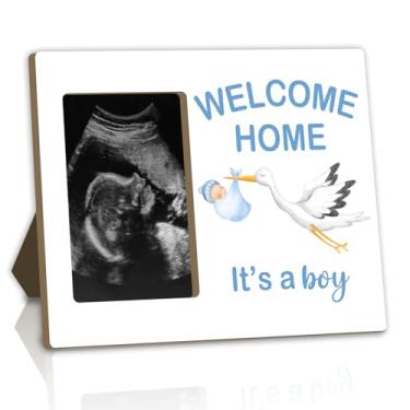 Imagem de Moldura de memória de anúncio de gravidez Blue Reveal Stork, porta-retratos de ultrassom para bebês, presente de lembrança de ultrassom para mesa interna, varanda, fazenda, revelação de gênero