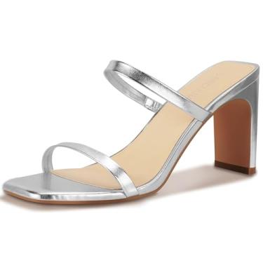 Imagem de Carcuume Sandália feminina de bico quadrado, duas tiras, bico aberto, salto bloco, Prata, 41
